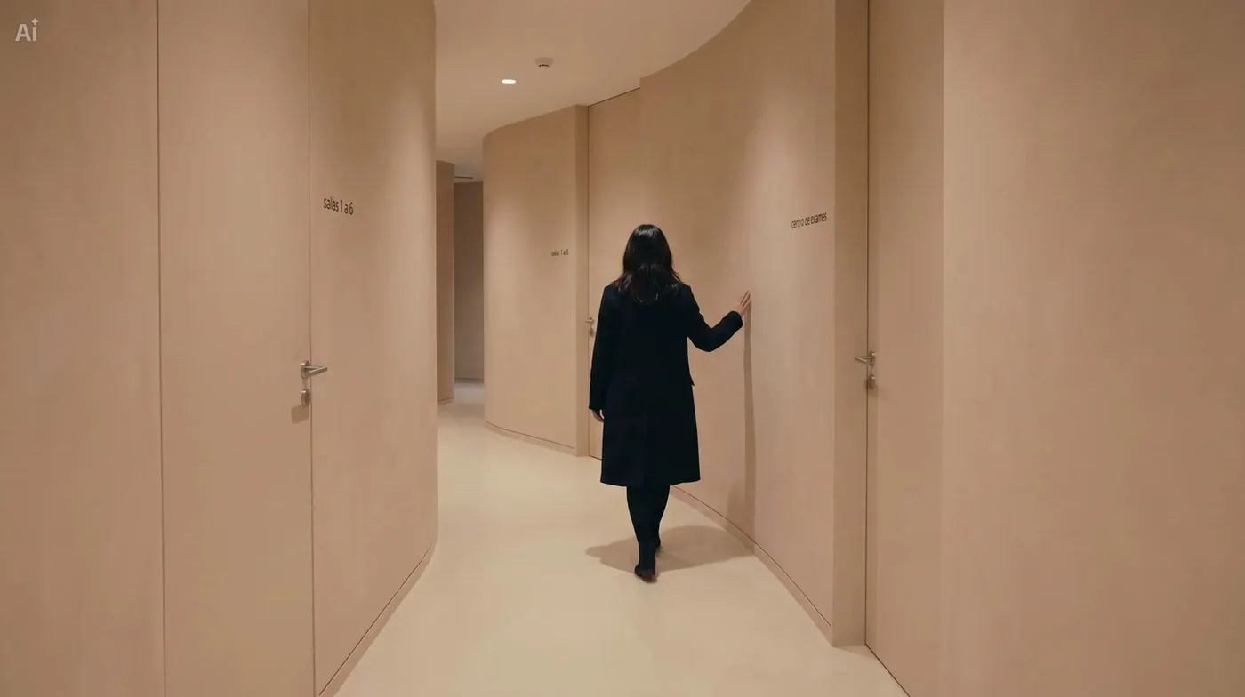 Corredor da Clínica Mulher em tons quentes e ambiente sereno, Espaço 7RIOS, Lisboa.
